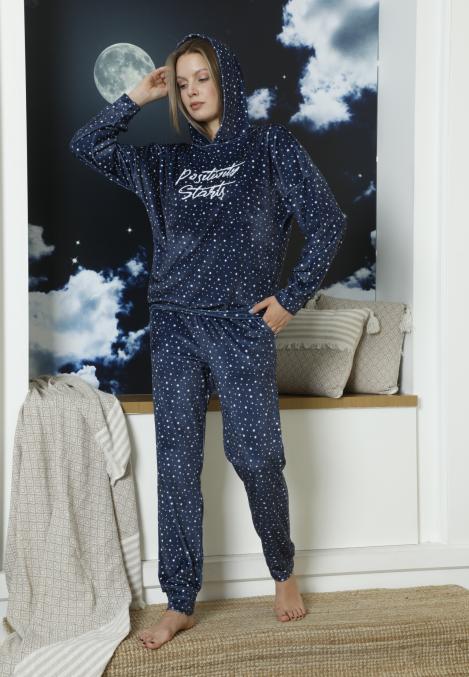 Trening damă din catifea cu glugă și model cu stele, Engros